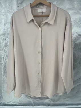 Made In Italy 100% Tencel Silk Neutral Beige Long Sleeve Button-Down Shirt L